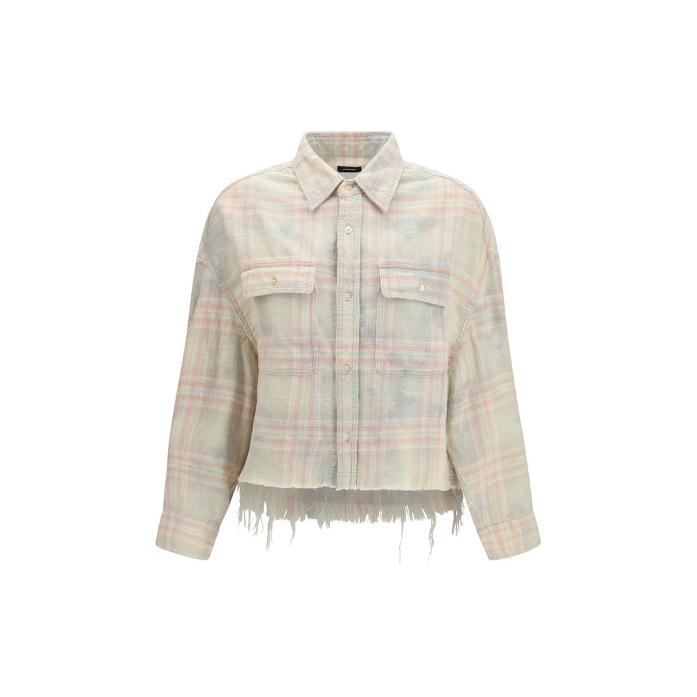 R13 Women's Crop Top Regular Fit Cropped Denim Cotton Shirt - Beige Plaid