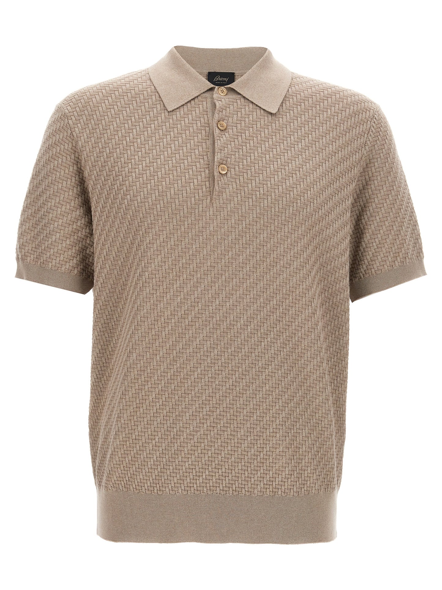 Polo Shirt by Brioni for men in cotton & silk beige & patterned presents a distinguished silhouette, showcasing a sophisticated and distinguished short-sleeve for a truly distinguished finish.