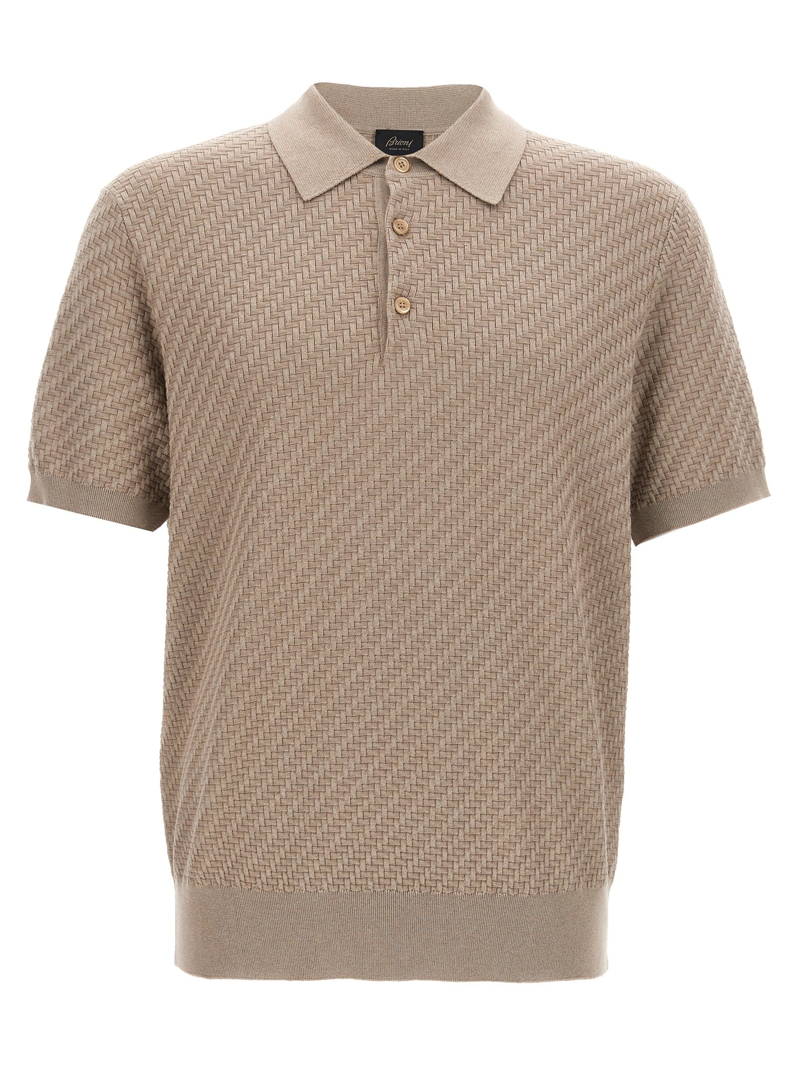 Polo Shirt by Brioni for men in cotton & silk beige & patterned presents a distinguished silhouette, showcasing a sophisticated and distinguished short-sleeve for a truly distinguished finish.
