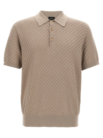 Polo Shirt by Brioni for men in cotton & silk beige & patterned presents a distinguished silhouette, showcasing a sophisticated and distinguished short-sleeve for a truly distinguished finish.