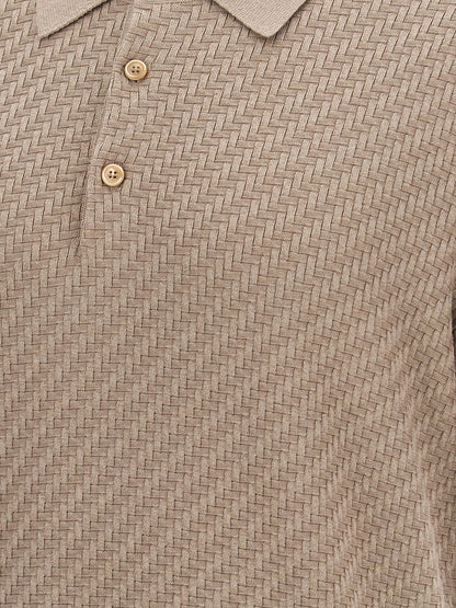 Polo Shirt by Brioni for men in cotton & silk beige & patterned showcases a sharp silhouette, detailed with a refined and sharp for a sophisticated finish.