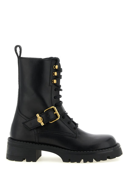 Lace-Up Ankle Boots by Versace for women in calfskin leather black & gold features an avant-garde Medusa Women's Calfskin Leather Lace-Up Ankle Boots silhouette, defined by a sophisticated and a avant-garde .
