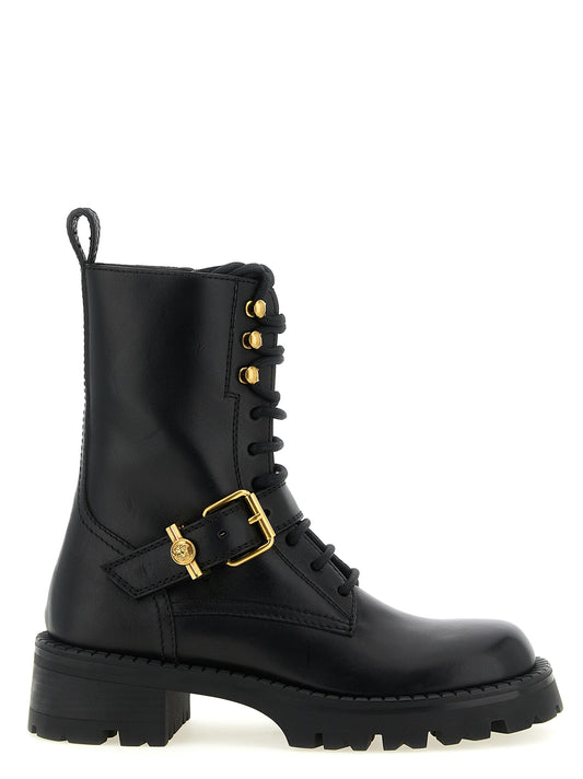 Lace-Up Ankle Boots by Versace for women in calfskin leather black & gold features an avant-garde Medusa Women's Calfskin Leather Lace-Up Ankle Boots silhouette, defined by a sophisticated and a avant-garde .