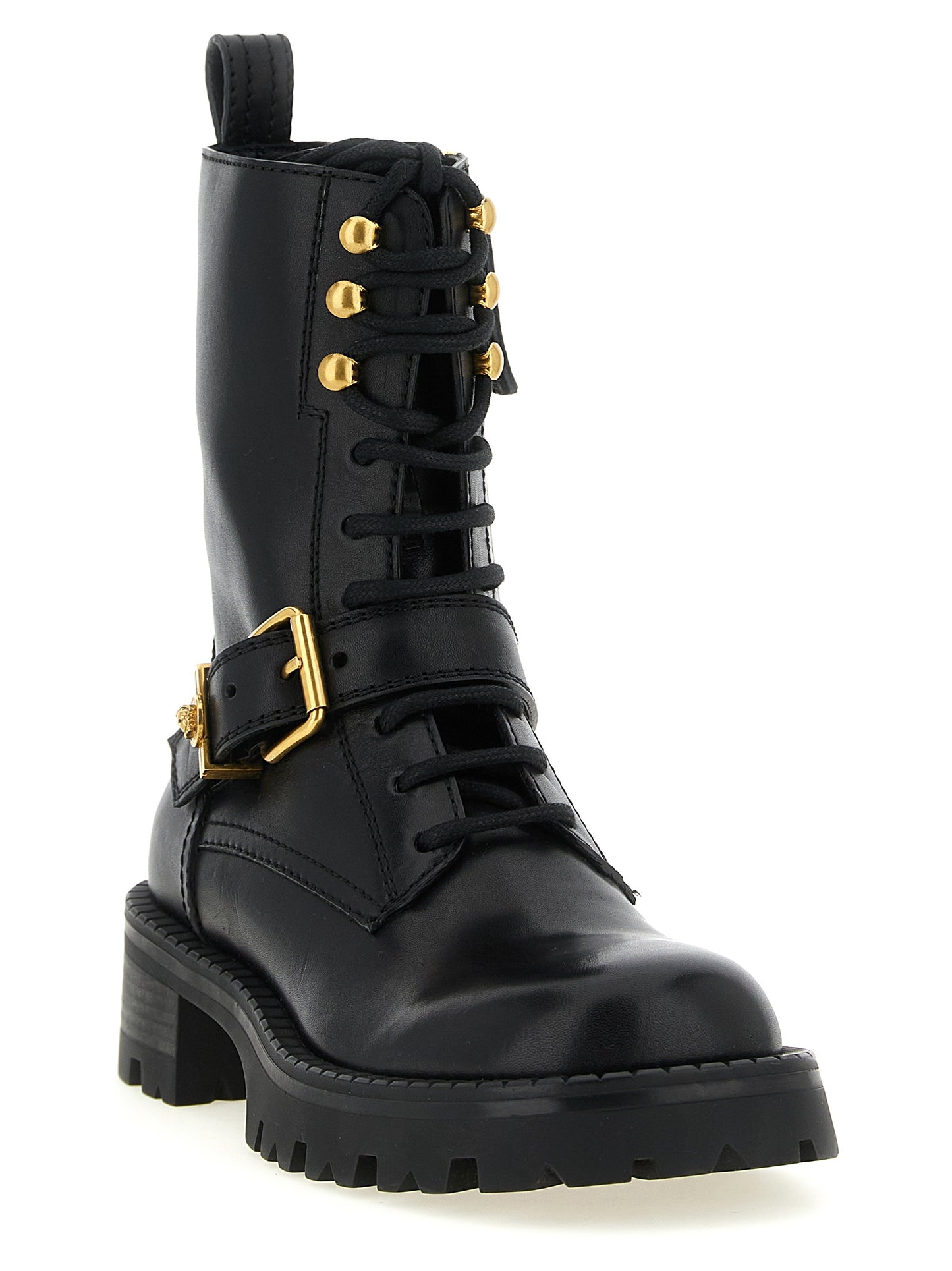 Lace-Up Ankle Boots by Versace for women in calfskin leather black & gold showcases a ergonomic silhouette from the Medusa Women's Calfskin Leather Lace-Up Ankle Boots collection, featuring a ergonomic and a ergonomic .