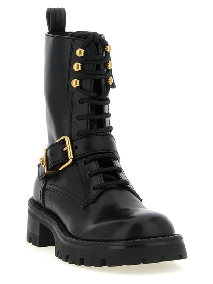 Lace-Up Ankle Boots by Versace for women in calfskin leather black & gold showcases a ergonomic silhouette from the Medusa Women's Calfskin Leather Lace-Up Ankle Boots collection, featuring a ergonomic and a ergonomic .