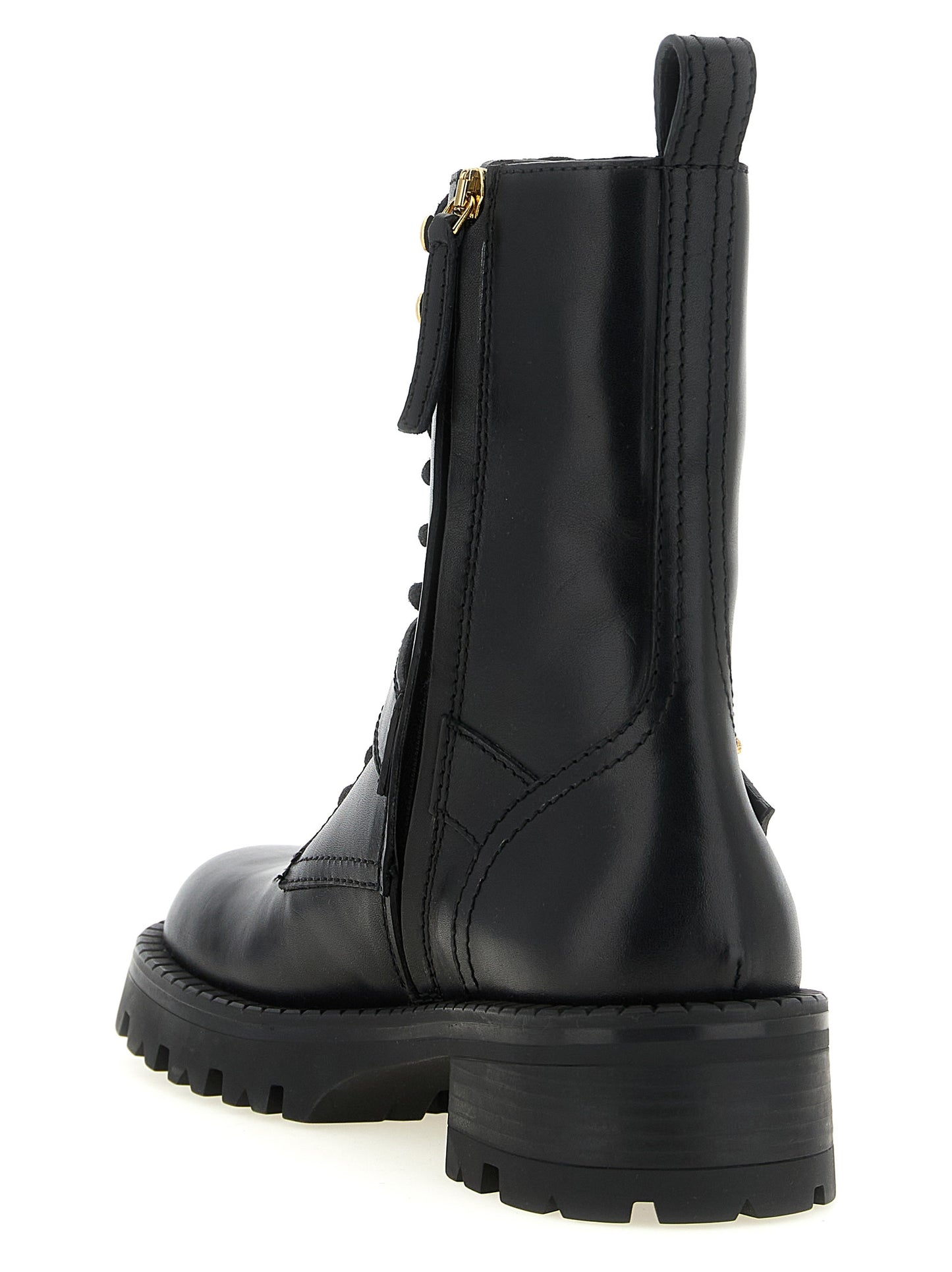 Lace-Up Ankle Boots by Versace for women in calfskin leather black & gold features an dynamic silhouette, showcasing the dynamic Medusa Women's Calfskin Leather Lace-Up Ankle Boots design with its distinctive and elegant .