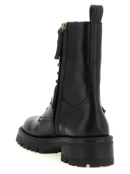 Lace-Up Ankle Boots by Versace for women in calfskin leather black & gold features an dynamic silhouette, showcasing the dynamic Medusa Women's Calfskin Leather Lace-Up Ankle Boots design with its distinctive and elegant .