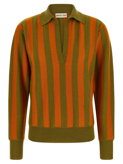 Polo Shirt by Alberto Biani for women in cashmere green, multicolor, olive, orange, patterned & striped features a eye catching silhouette, showcasing a refined v-neck neckline and for a eye catching finish.