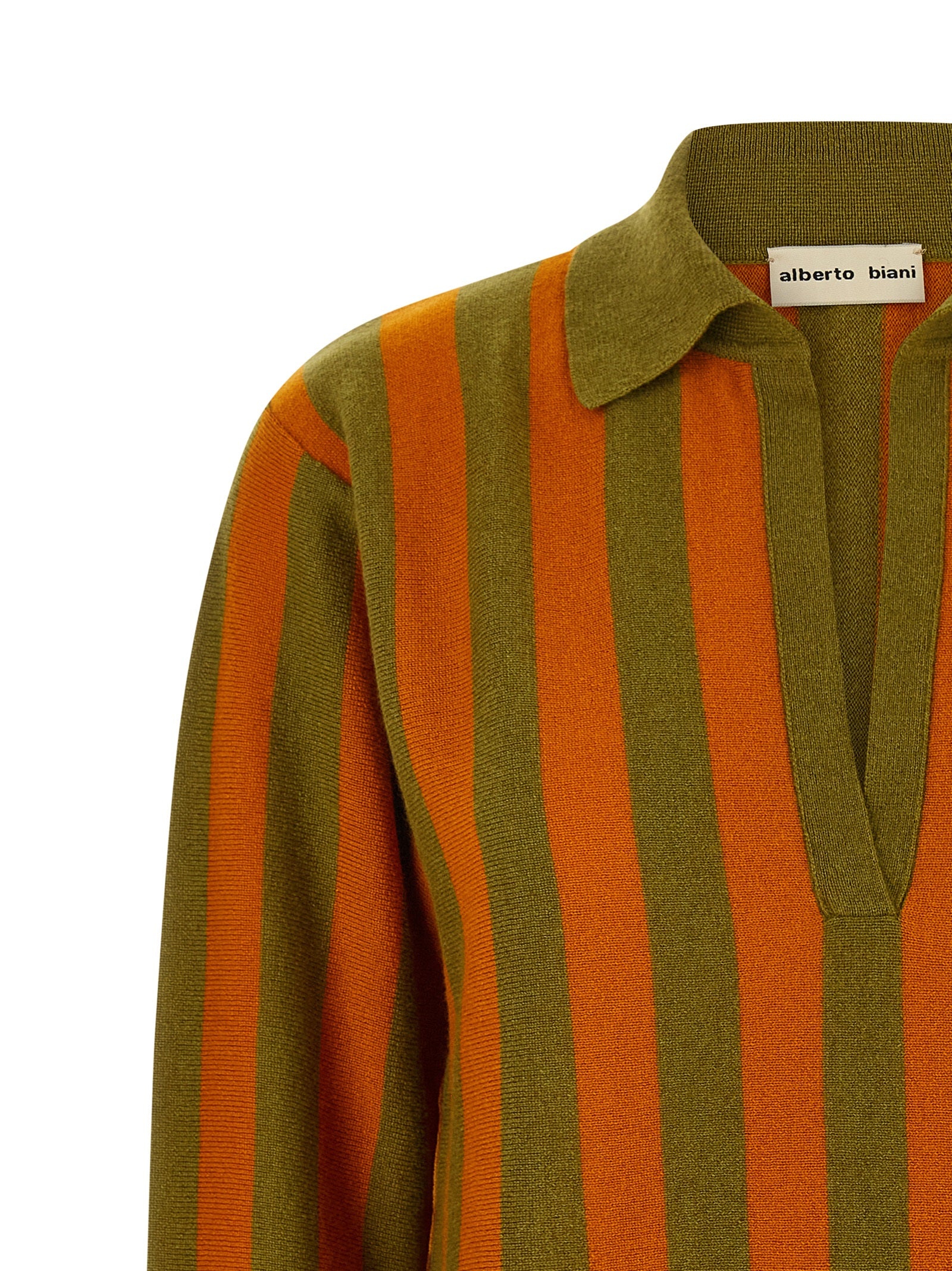 Polo Shirt by Alberto Biani for women in cashmere green, multicolor, olive, orange, patterned & striped presents a distinguished silhouette, showcasing a sophisticated v-neck neckline and distinguished for a truly distinguished finish.