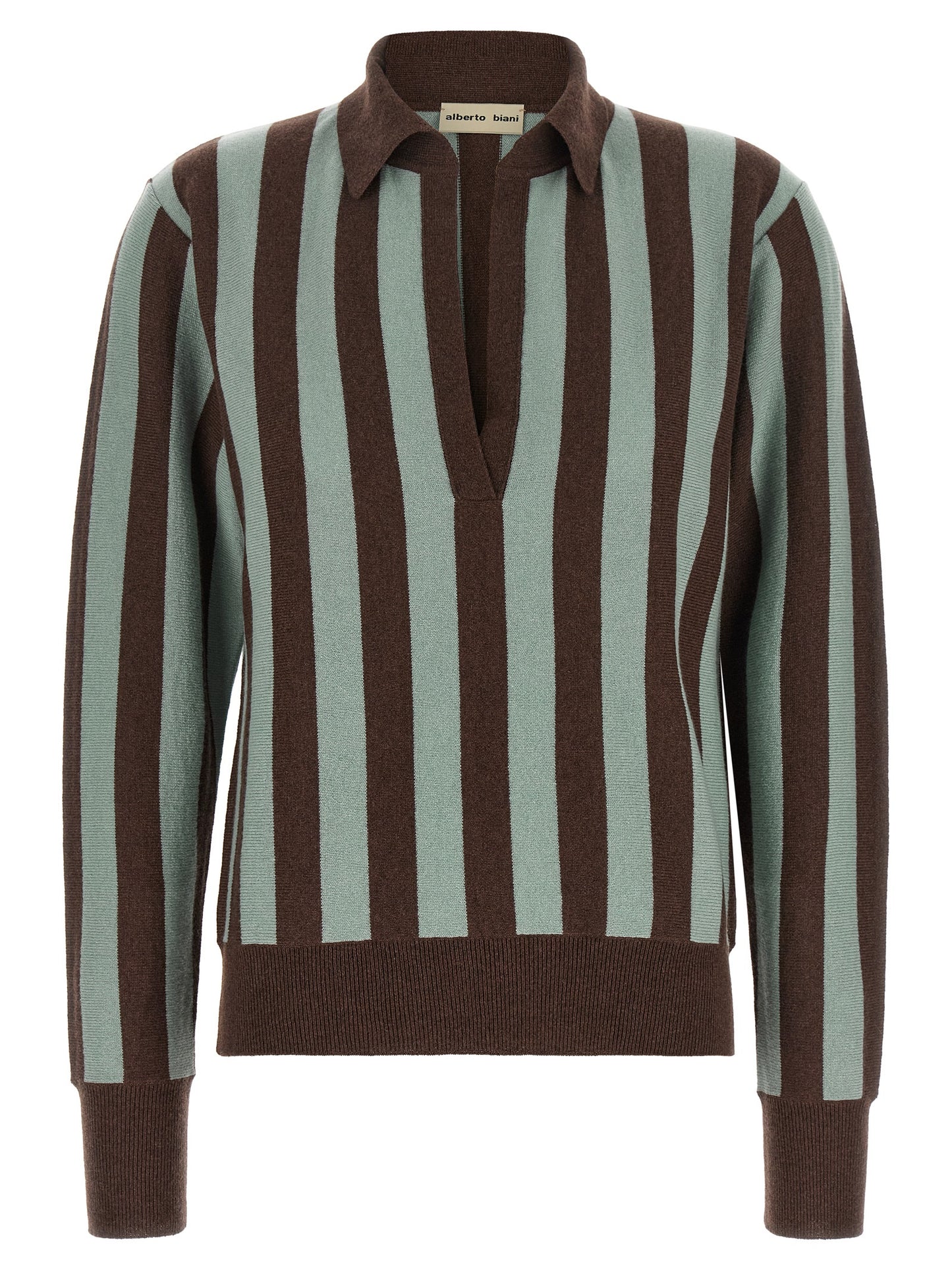 This Polo Shirt by Alberto Biani for women in cashmere blue, brown, multicolor & striped presents a flawless silhouette, showcasing flawless detailing and a refined v-neck plunging neckline for a truly flawless aesthetic.