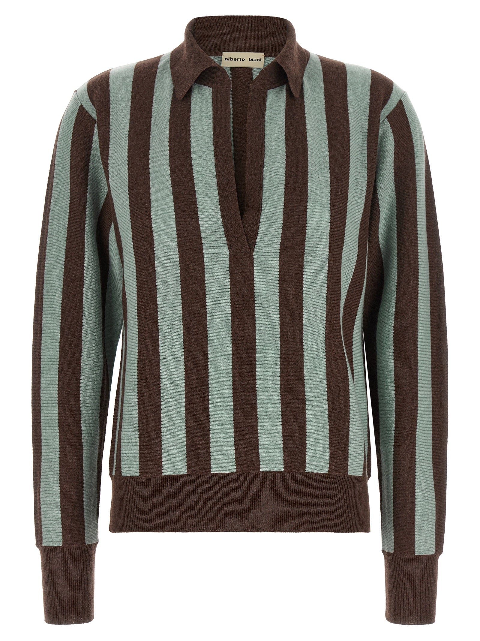This Polo Shirt by Alberto Biani for women in cashmere blue, brown, multicolor & striped presents a flawless silhouette, showcasing flawless detailing and a refined v-neck plunging neckline for a truly flawless aesthetic.