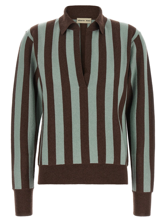 This Polo Shirt by Alberto Biani for women in cashmere blue, brown, multicolor & striped presents a flawless silhouette, showcasing flawless detailing and a refined v-neck plunging neckline for a truly flawless aesthetic.