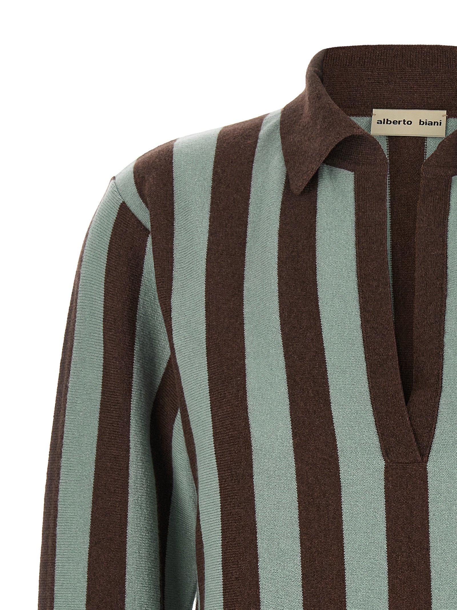 Polo Shirt by Alberto Biani for women in cashmere blue, brown, multicolor & striped showcases a enviable silhouette, featuring a refined v-neck plunging neckline and for a enviable finish.