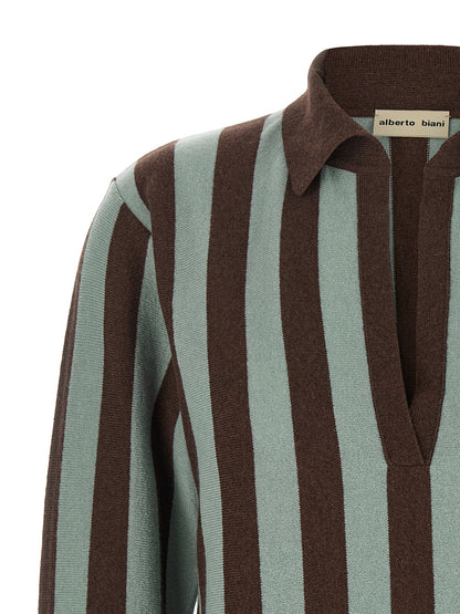 Polo Shirt by Alberto Biani for women in cashmere blue, brown, multicolor & striped showcases a enviable silhouette, featuring a refined v-neck plunging neckline and for a enviable finish.