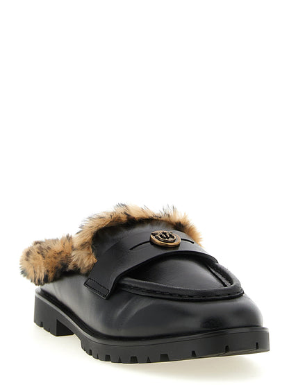 Moccasins Mules Flat Shoes by PINKO for women in cowhide leather animal, black, gold & print showcases a resplendent Love Birds Women's Cowhide Leather Moccasins Mules Flat Shoes aesthetic with a and .