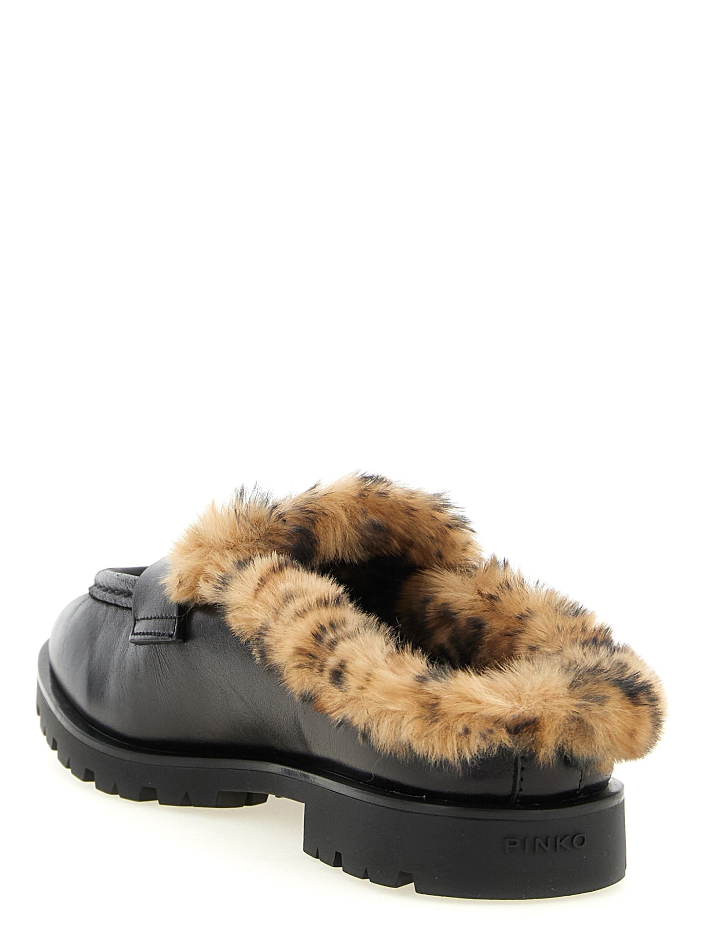 Moccasins Mules Flat Shoes by PINKO for women in cowhide leather animal, black, gold & print showcases a dynamic silhouette, artfully capturing Love Birds Women's Cowhide Leather Moccasins Mules Flat Shoes through its distinctive and elegant .