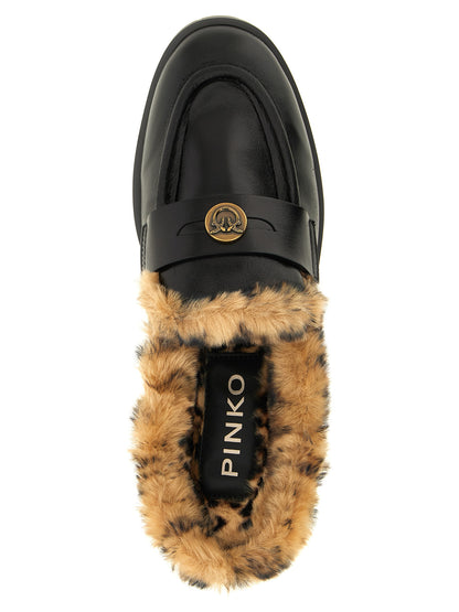 Moccasins Mules Flat Shoes by PINKO for women in cowhide leather animal, black, gold & print presents a impeccable silhouette as Love Birds Women's Cowhide Leather Moccasins Mules Flat Shoes, artfully designed with a and a impeccable for a refined, upscale finish.