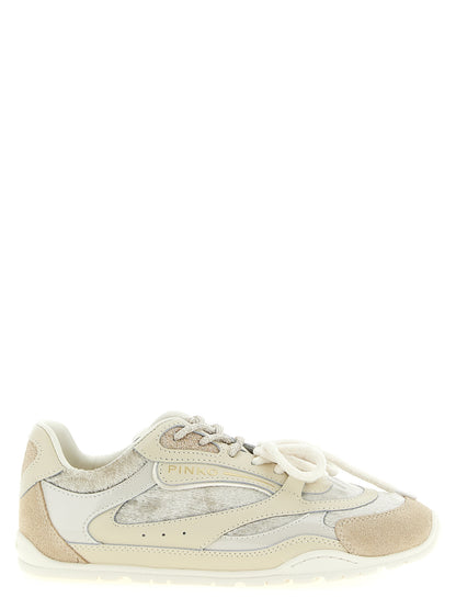 Sneakers by PINKO for women in polyester polyurethane suede leather beige, cream, silver & white features an fashionable silhouette, showcasing the premium Love Birds Women's Low Top Polyester Polyurethane Suede Leather Sneakers in a fashionable low-top style that offers a fashionable finish for refined style.