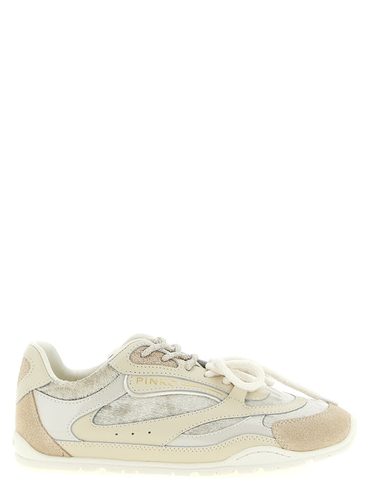 Sneakers by PINKO for women in polyester polyurethane suede leather beige, cream, silver & white features an fashionable silhouette, showcasing the premium Love Birds Women's Low Top Polyester Polyurethane Suede Leather Sneakers in a fashionable low-top style that offers a fashionable finish for refined style.
