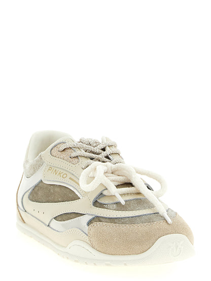 Sneakers by PINKO for women in polyester polyurethane suede leather beige, cream, silver & white features an timeless silhouette from the Love Birds Women's Low Top Polyester Polyurethane Suede Leather Sneakers collection, showcasing a signature low-top style with an timeless finish.