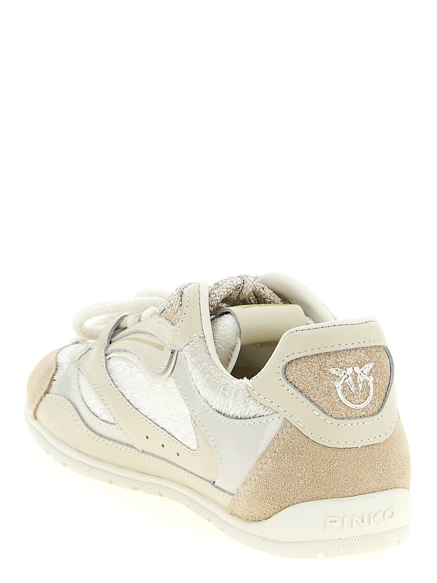 Sneakers by PINKO for women in polyester polyurethane suede leather beige, cream, silver & white presents a impeccable silhouette as Love Birds Women's Low Top Polyester Polyurethane Suede Leather Sneakers, expertly defined by a impeccable low-top style for a impeccable, high-fashion look.