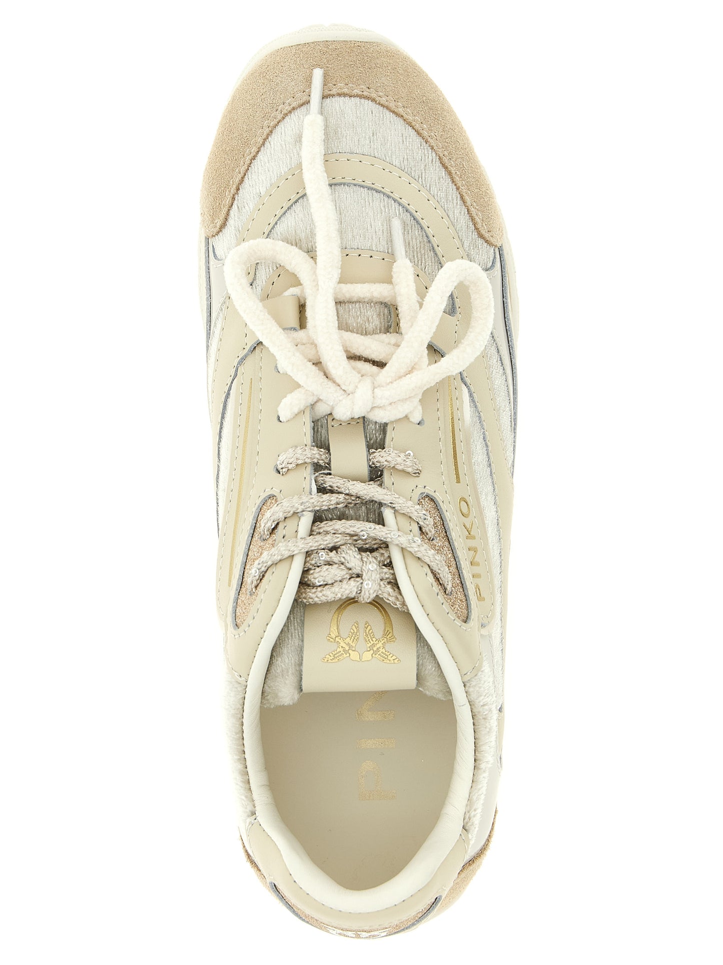 Sneakers by PINKO for women in polyester polyurethane suede leather beige, cream, silver & white features an versatile design from the Love Birds Women's Low Top Polyester Polyurethane Suede Leather Sneakers collection, highlighting a versatile low-top style for a premium, high-fashion look.