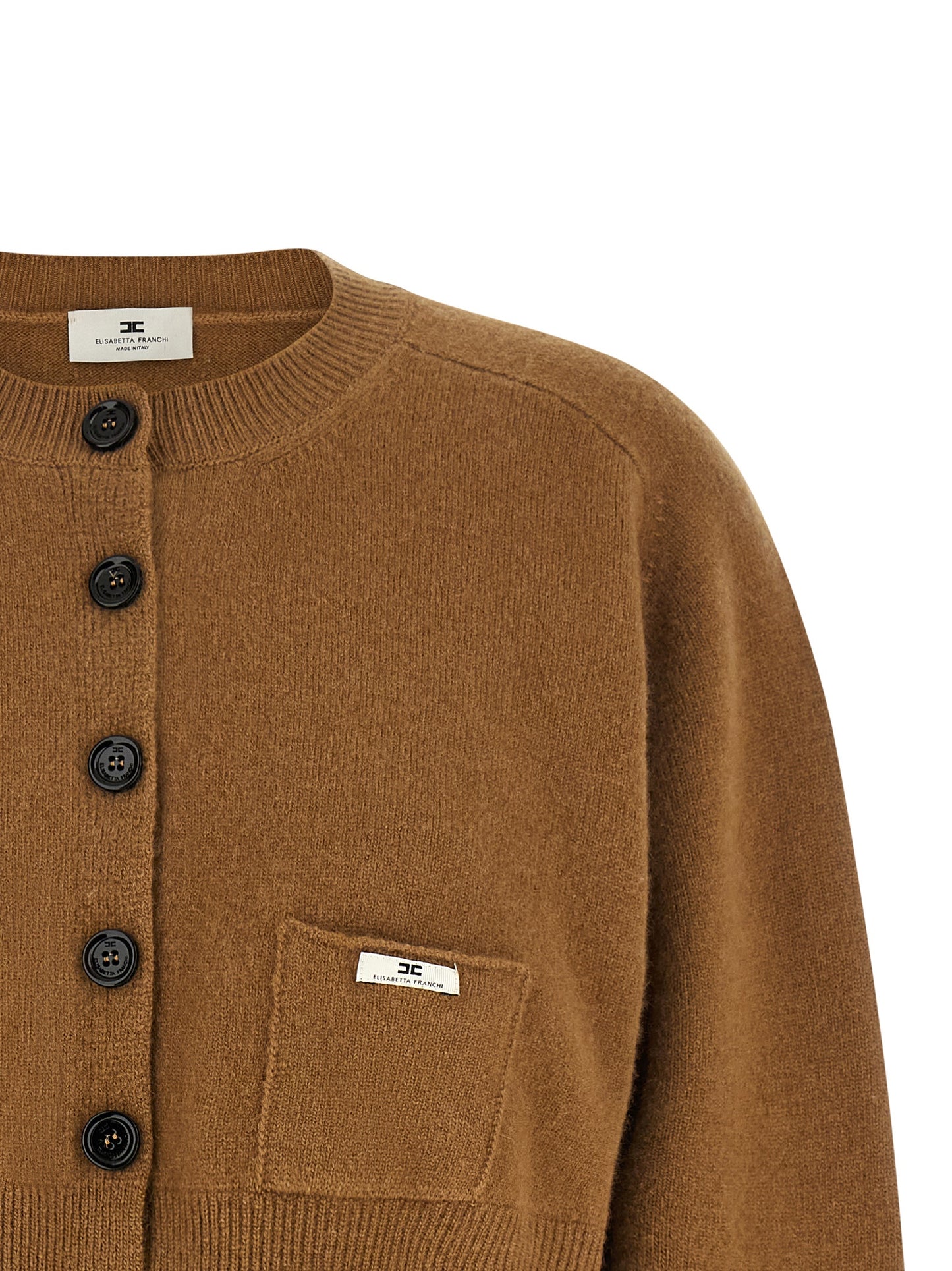 Cardigan by Elisabetta Franchi for women in polyamide & cashmere brown features an crisp silhouette, showcasing a sophisticated and detail for a truly crisp finish.