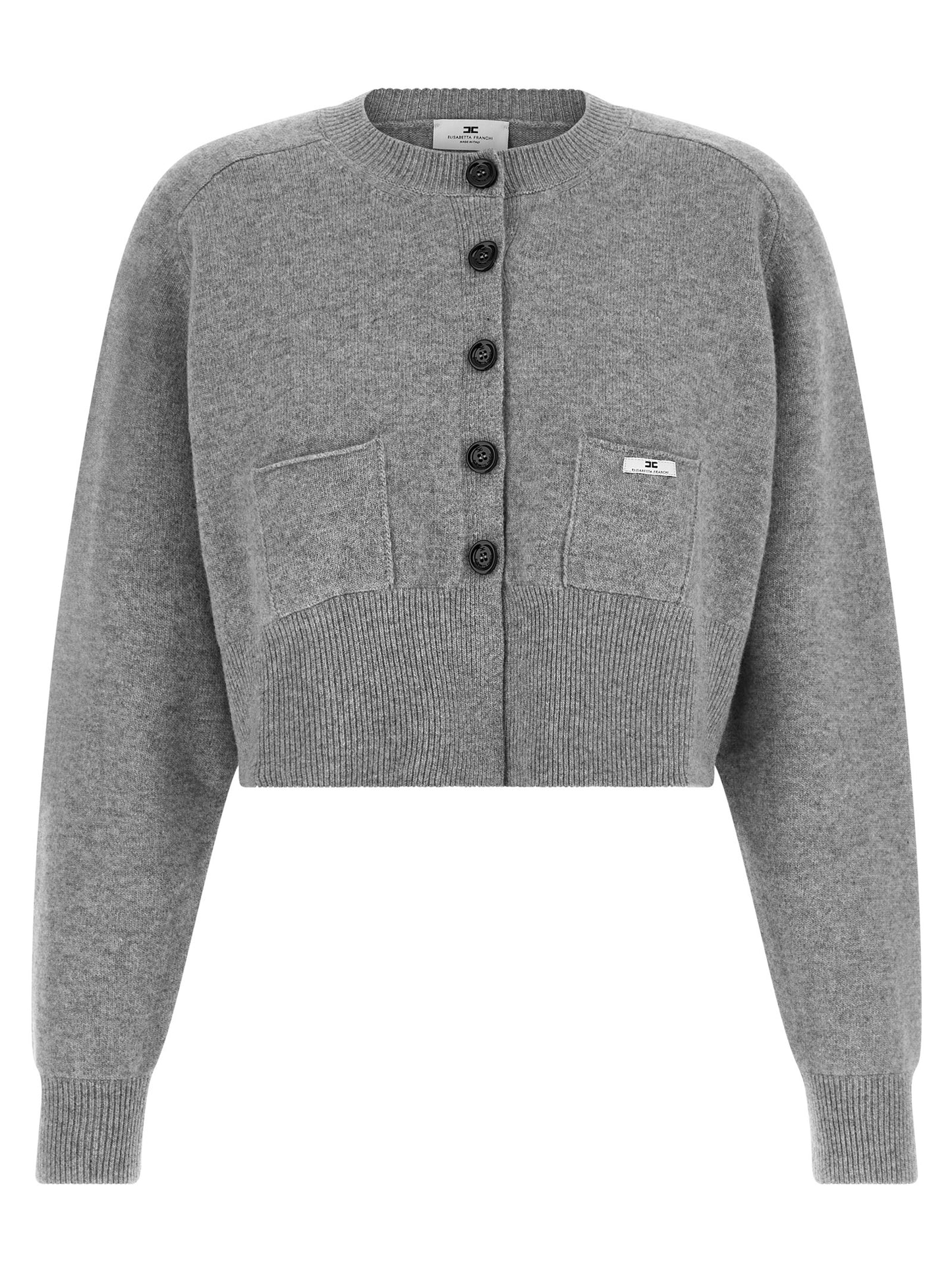 Cardigan by Elisabetta Franchi for women in polyamide & cashmere gray & signature presents a textural silhouette, artfully finished with a textural round neckline and for a sophisticated, textural look.