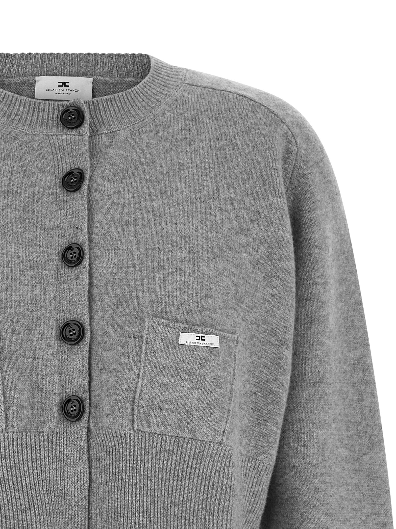 Cardigan by Elisabetta Franchi for women in polyamide & cashmere gray & signature showcases a captivating silhouette, artfully detailed with a captivating and round neckline for a truly sophisticated captivating look.