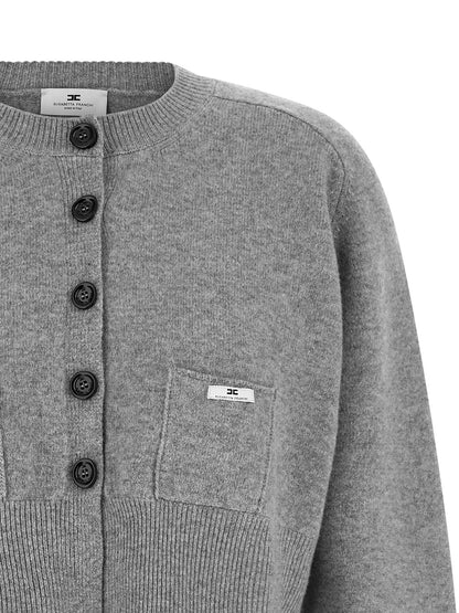 Cardigan by Elisabetta Franchi for women in polyamide & cashmere gray & signature showcases a captivating silhouette, artfully detailed with a captivating and round neckline for a truly sophisticated captivating look.