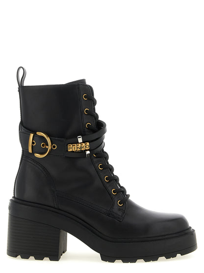 Lace-Up Ankle Strap Boots by PINKO for women in cowhide leather black & gold features an high-performance silhouette, showcasing the sophisticated design of the Women's Cowhide Leather Lace-Up Ankle Strap Boots with a and a refined .