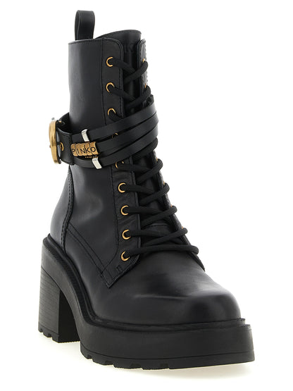 Lace-Up Ankle Strap Boots by PINKO for women in cowhide leather black & gold features an avant-garde Women's Cowhide Leather Lace-Up Ankle Strap Boots silhouette, defined by a sophisticated and a avant-garde .