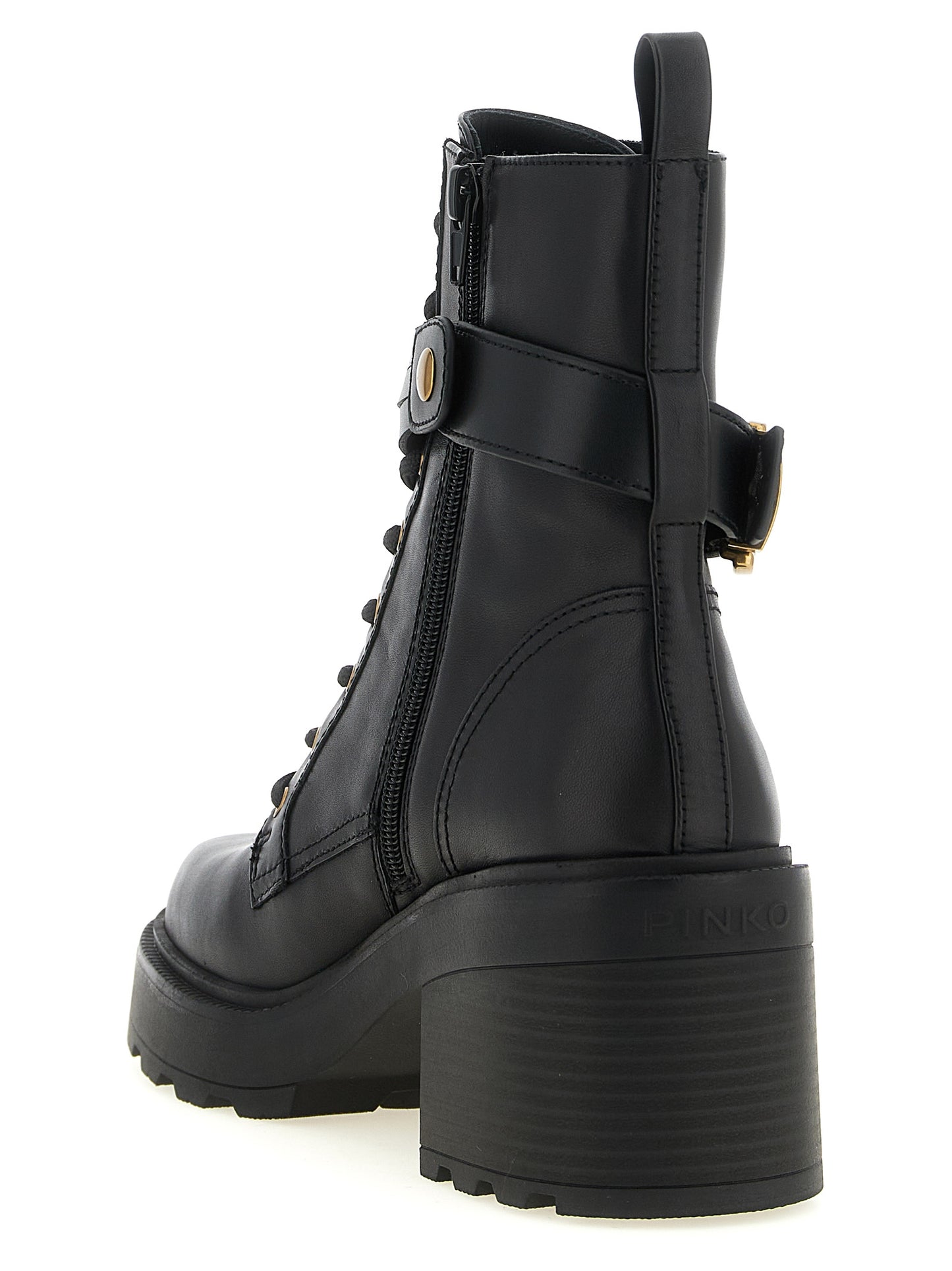 Lace-Up Ankle Strap Boots by PINKO for women in cowhide leather black & gold features an effortless chic silhouette from the Women's Cowhide Leather Lace-Up Ankle Strap Boots collection, showcasing a effortless chic and refined for an effortless chic look.