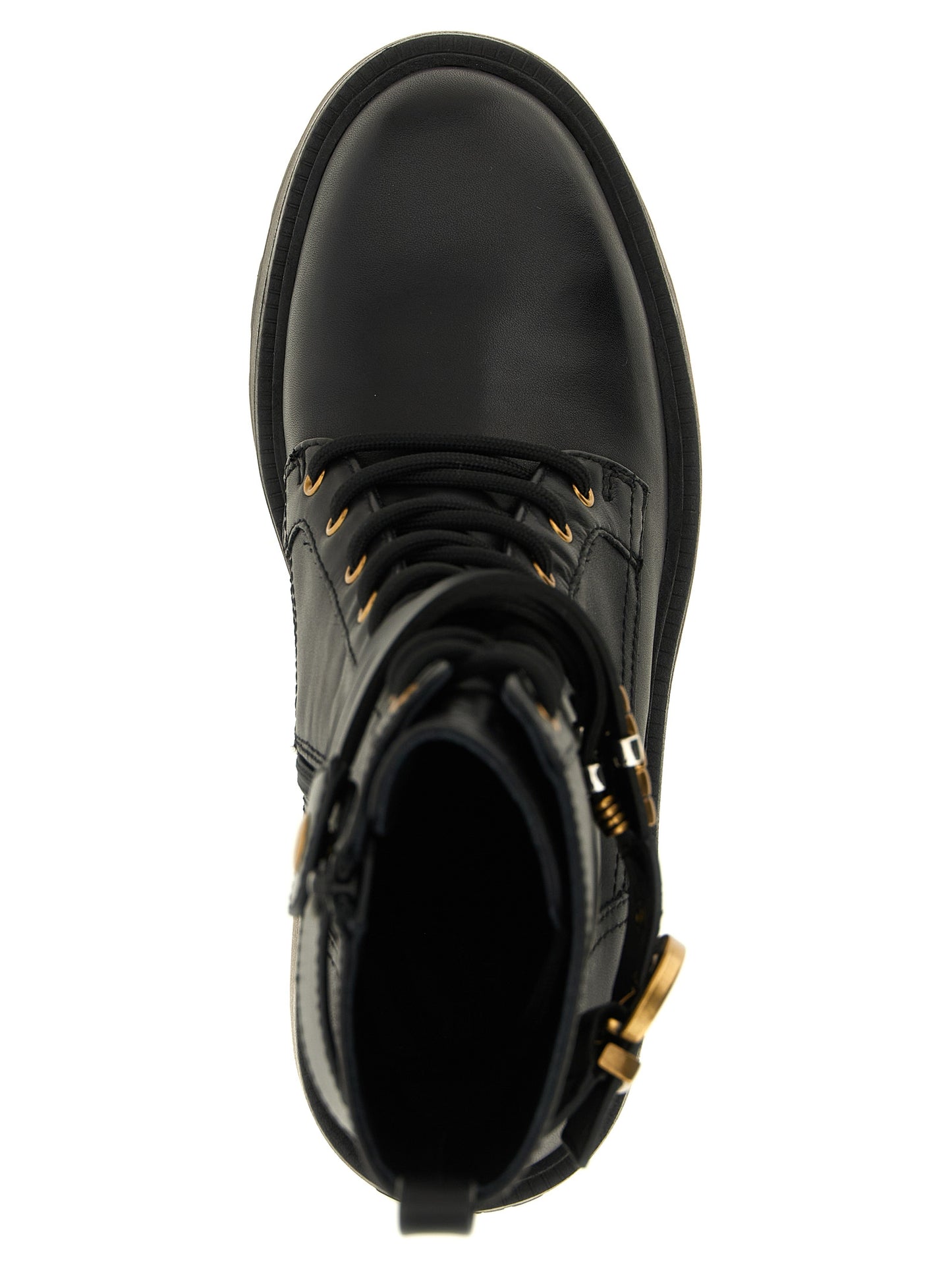 Lace-Up Ankle Strap Boots by PINKO for women in cowhide leather black & gold showcases a ergonomic silhouette from the Women's Cowhide Leather Lace-Up Ankle Strap Boots collection, featuring a ergonomic and a ergonomic .