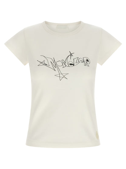 T-Shirt by Moncler for women in cotton black, cream, white & print showcases a chic silhouette, artfully detailed with a chic and for a chic finish.