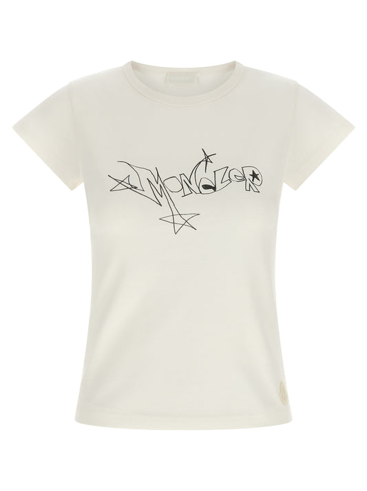 T-Shirt by Moncler for women in cotton black, cream, white & print showcases a chic silhouette, artfully detailed with a chic and for a chic finish.