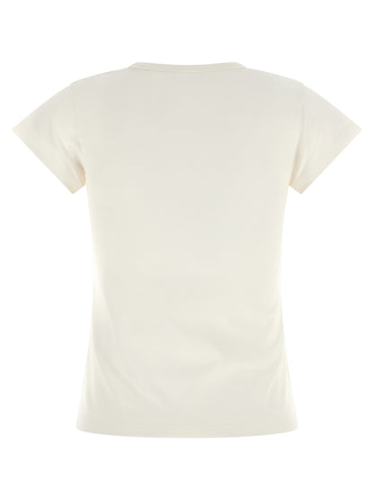 T-Shirt by Moncler for women in cotton black, cream, white & print showcases a dramatic silhouette, elegantly detailed with a dramatic and for a truly dramatic finish.