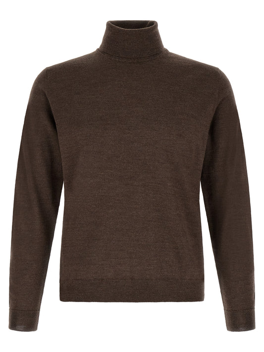 Cardigan by ZANONE for men in virgin wool brown & patterned features an impeccable silhouette, showcasing a sophisticated turtle high-neck neckline and detail for a truly impeccable finish.