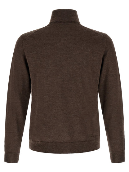 Cardigan by ZANONE for men in virgin wool brown & patterned features an crisp silhouette, showcasing a sophisticated turtle high-neck neckline and detail for a truly crisp finish.