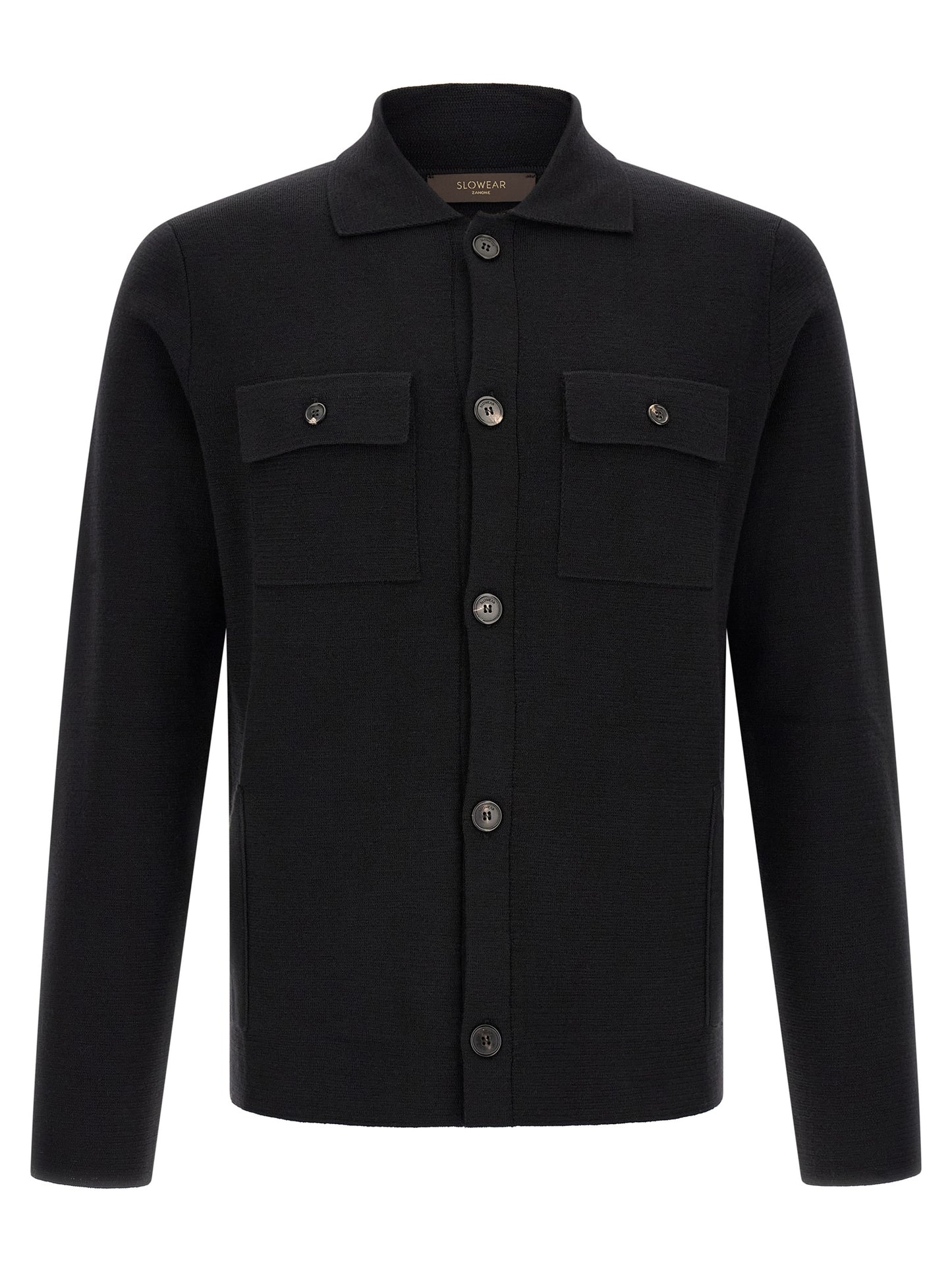 Cardigan by ZANONE for men in virgin wool black features a dramatic silhouette, showcasing a sophisticated and dramatic detail for a timeless, premium look.