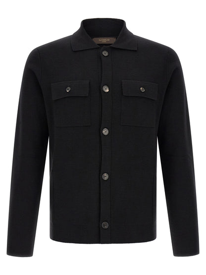 Cardigan by ZANONE for men in virgin wool black features a dramatic silhouette, showcasing a sophisticated and dramatic detail for a timeless, premium look.