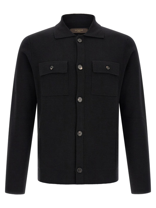 Cardigan by ZANONE for men in virgin wool black features a dramatic silhouette, showcasing a sophisticated and dramatic detail for a timeless, premium look.