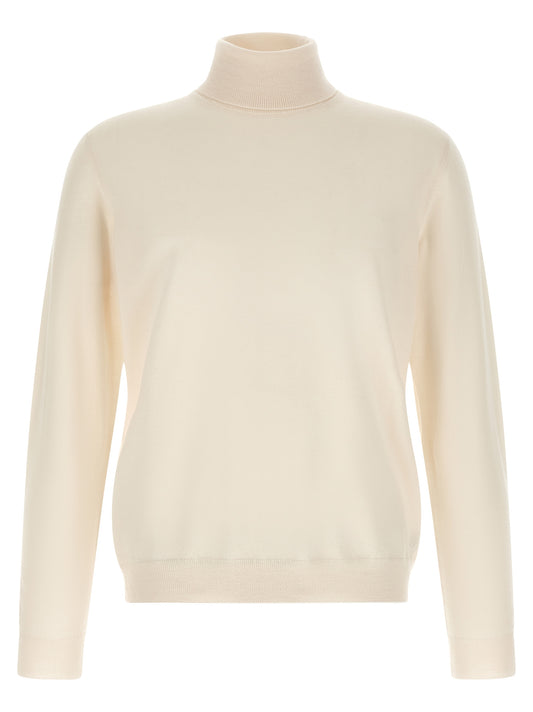 Cardigan by ZANONE for men in virgin wool cream & white features a dramatic silhouette, showcasing a sophisticated turtle high-neck neckline and dramatic detail for a timeless, premium look.