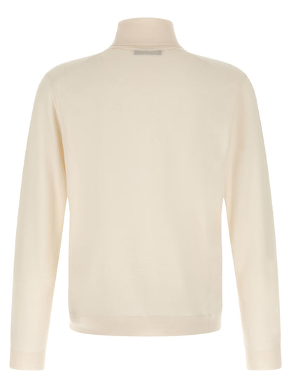 Cardigan by ZANONE for men in virgin wool cream & white presents a textural silhouette, artfully finished with a textural turtle high-neck neckline and for a sophisticated, textural look.