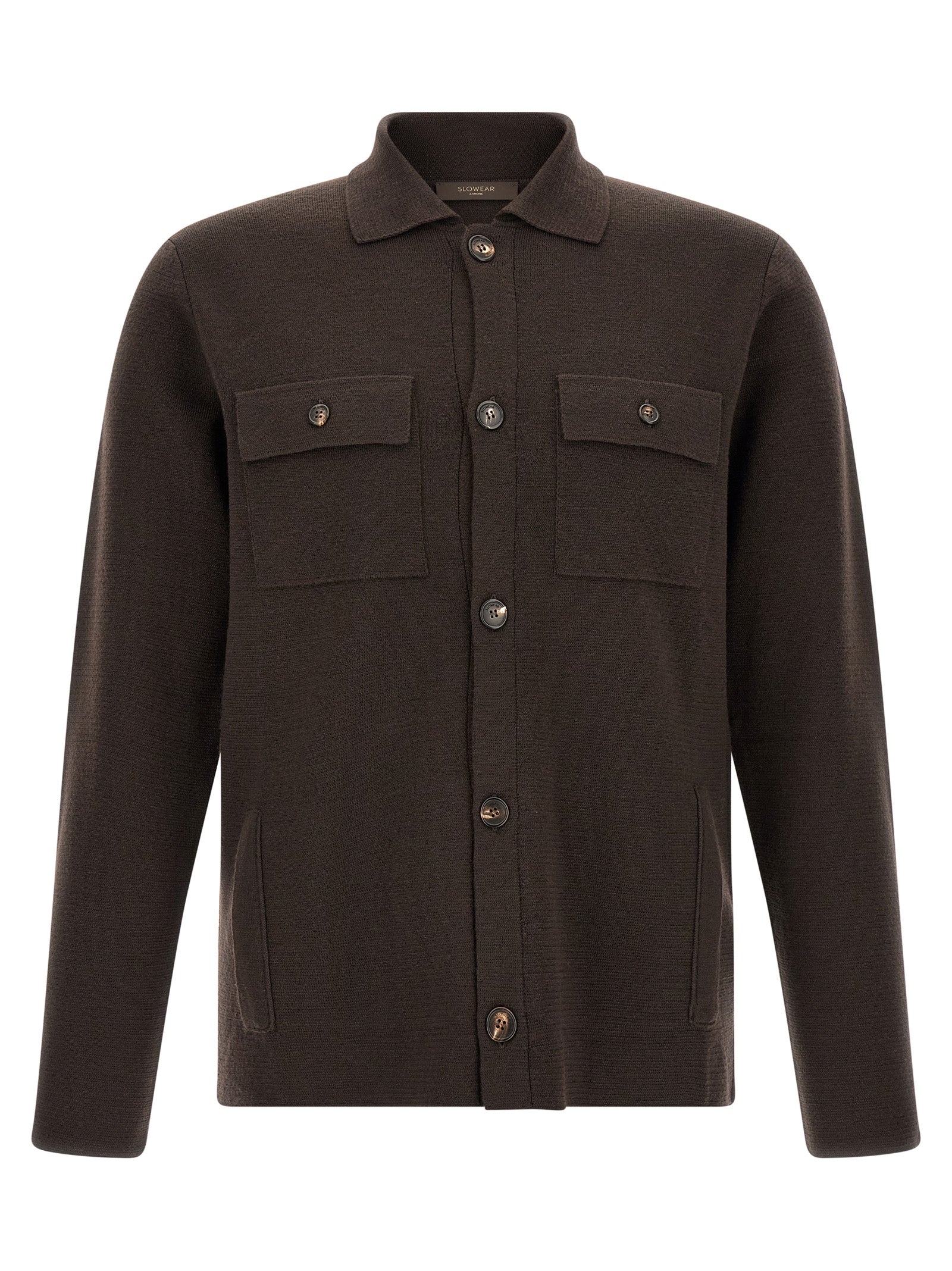 Cardigan by ZANONE for men in virgin wool brown & horn presents a textural silhouette, artfully finished with a textural shirt-collar neckline and for a sophisticated, textural look.