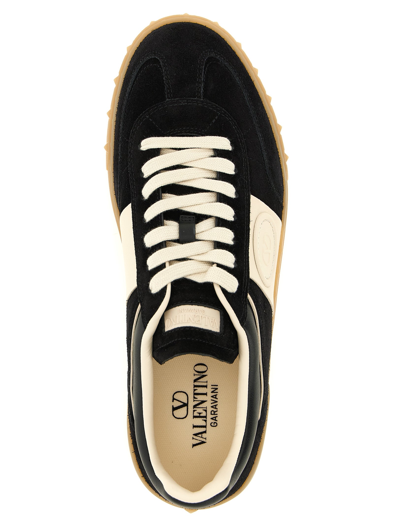 Sneakers by Valentino Garavani for men in bos taurus suede calfskin leather black, cream, multicolor & signature features an fashionable silhouette, showcasing the premium Rockstud V Logo Men's Low Top Bos Taurus Suede Calfskin Leather Sneakers in a fashionable low-top style that offers a fashionable finish for refined style.