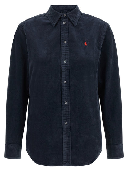 Blouse by Polo Ralph Lauren for women in cotton corduroy navy, red & signature features an polished silhouette, showcasing a sophisticated and detail for a truly polished finish.