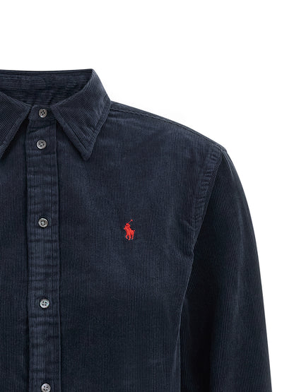 Blouse by Polo Ralph Lauren for women in cotton corduroy navy, red & signature showcases a sublime silhouette, artfully detailed with a sublime and for a sophisticated, sublime finish.