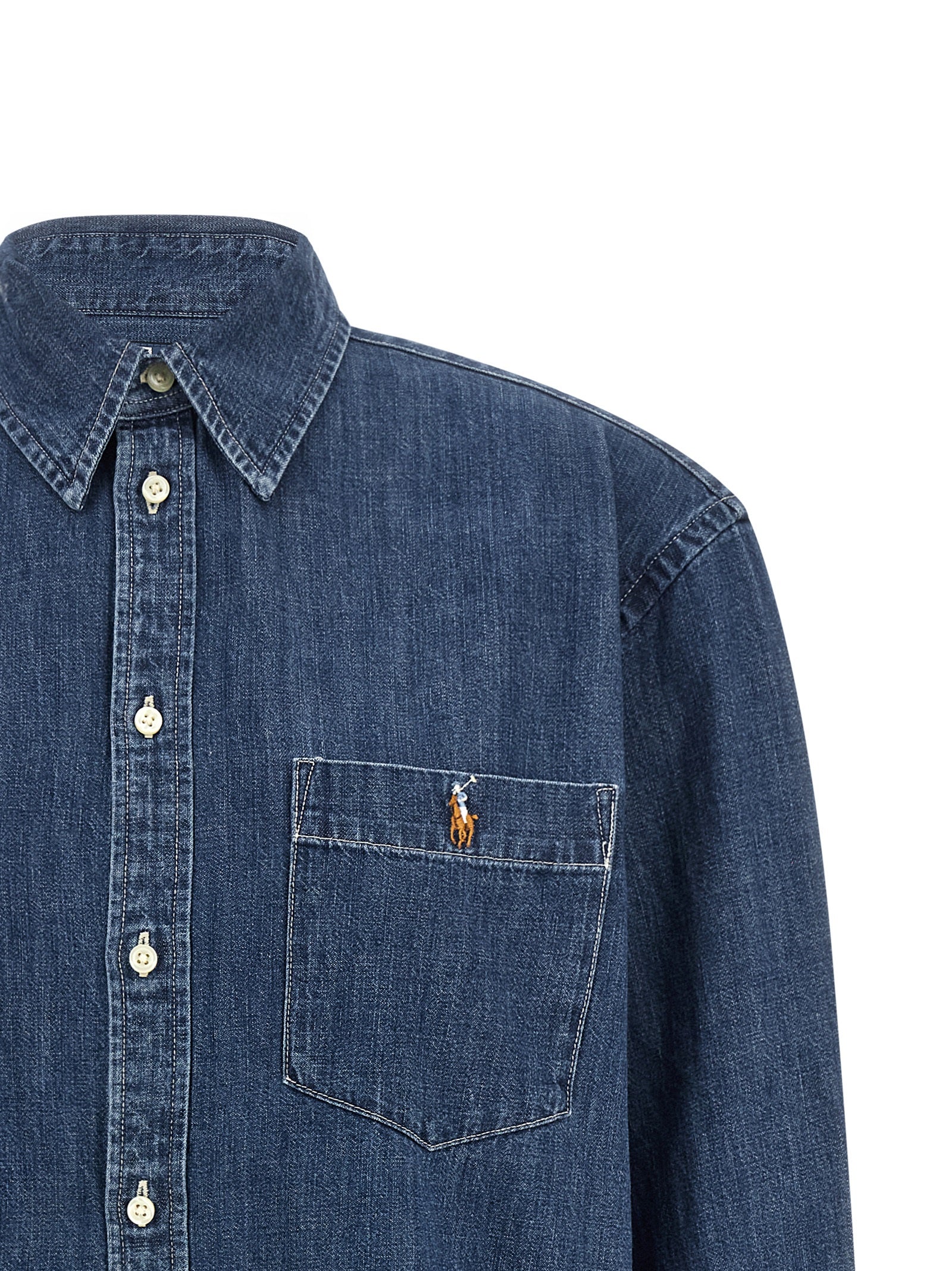 Blouse by Polo Ralph Lauren for women in denim cotton blue, featuring a nuanced and nuanced for a sophisticated finish.