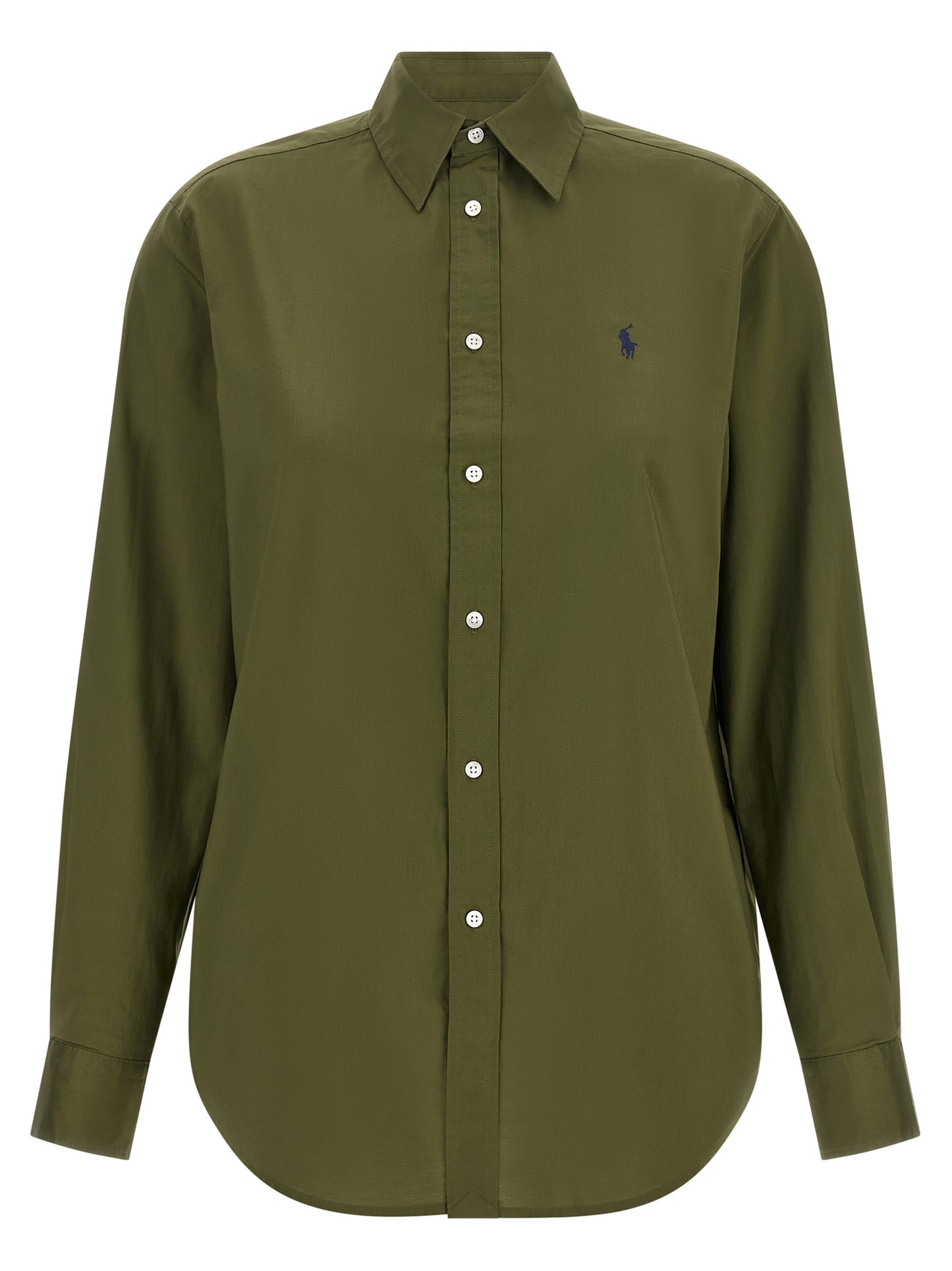 Blouse by Polo Ralph Lauren for women in horse leather & cotton bicolour, green & olive features an architectural silhouette with a refined and elegant for a architectural look.